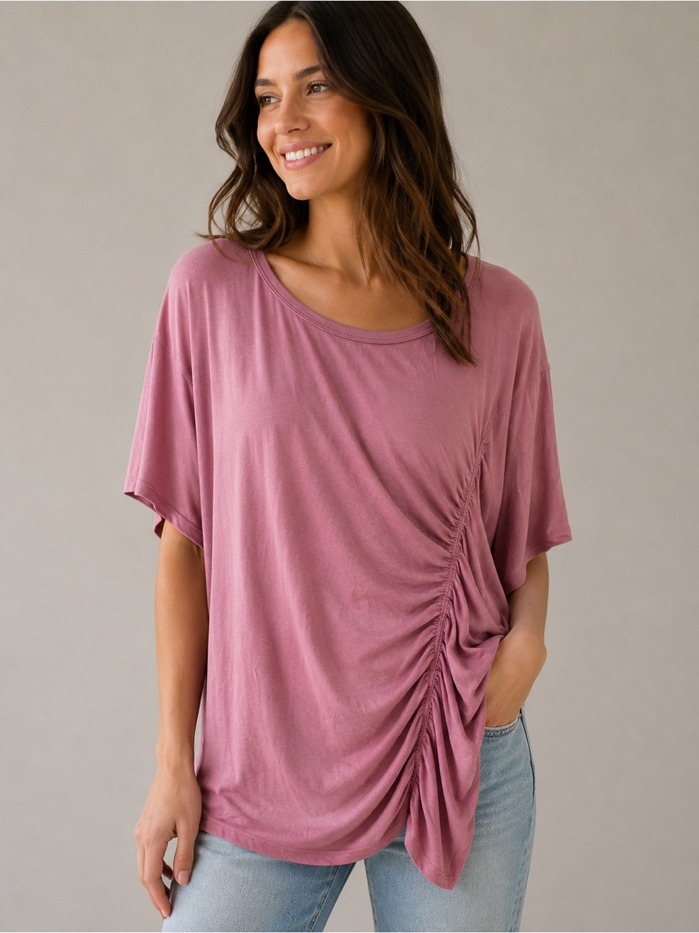 Easel Dusty Rose Ruched Oversized Tunic Top Small NWT Boho